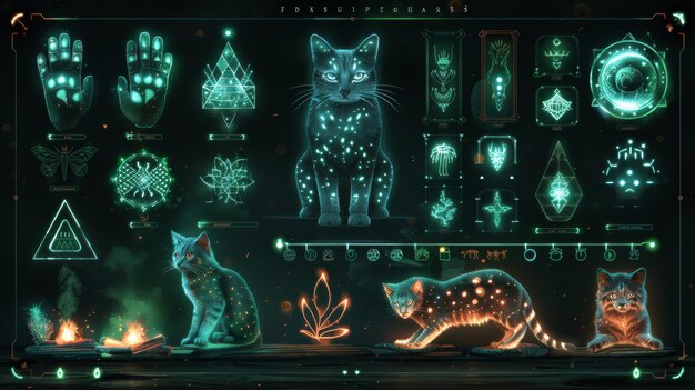 Create a neon collection of animal symbols featuring glowing paw