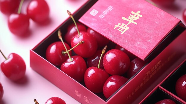 Photo create a packaging design for cherries with cherries inside the box and a chinese title on top ultr