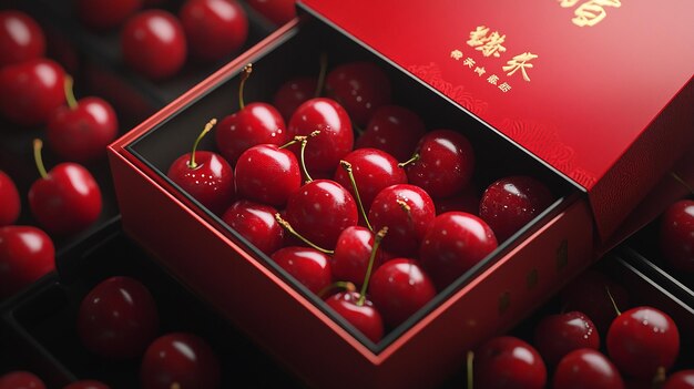 Photo create a packaging design for cherries with cherries inside the box and a chinese title on top ultr