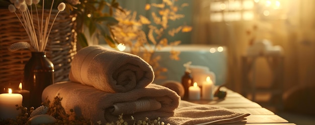 Photo create the perfect spa atmosphere with cozy essentials towels herbal bags and beauty items concept spa ambience cozy towels soothing herbal bags beauty essentials