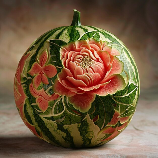 Photo create a photorealistic image of a watermelon that is intricately carved with a floral pattern the