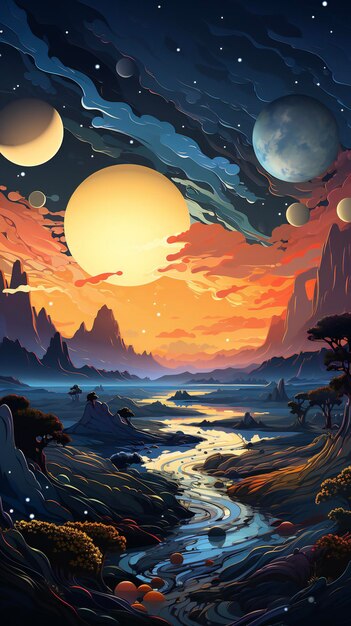 Create a rainbowcore flat illustration of planets and stars with a simple field background