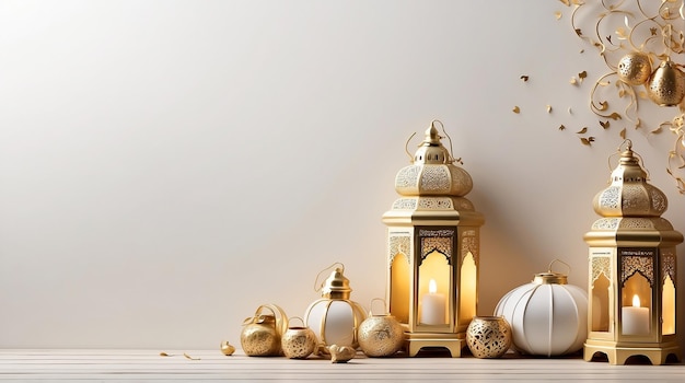 Create a Ramadan themed background with small lanterns with a large blank copy space