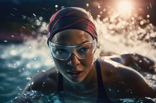 Create a realistic image of a female swimmer wearing goggles and a swimming cap competing