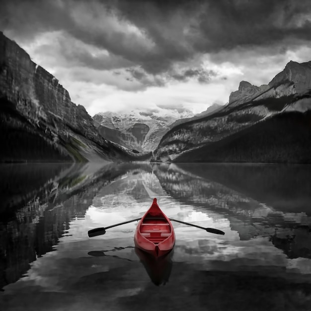 Create a red canoe floats on the water near mountains in the style of marko manev moody black and