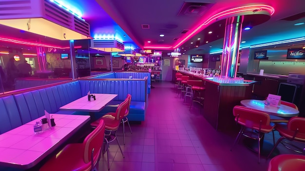 Create a retro diner scene with a blue and pink neon color scheme