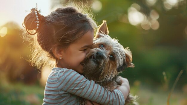 Create a scene of a child reuniting with a pet after being apart the sheer joy and excitement of their reunion showcasing their deep bond