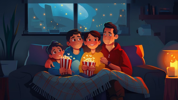 Photo create a scene of a family watching a movie together on the couch show the cozy setup with a blanket popcorn and family members engrossed in the film highlighting the comfort of family time