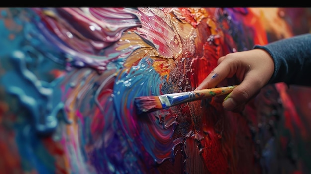 Photo create a scene of a hand carefully applying paint to a canvas show the brush in motion with vibrant colors blending on the canvas emphasizing the artistry and focus involved