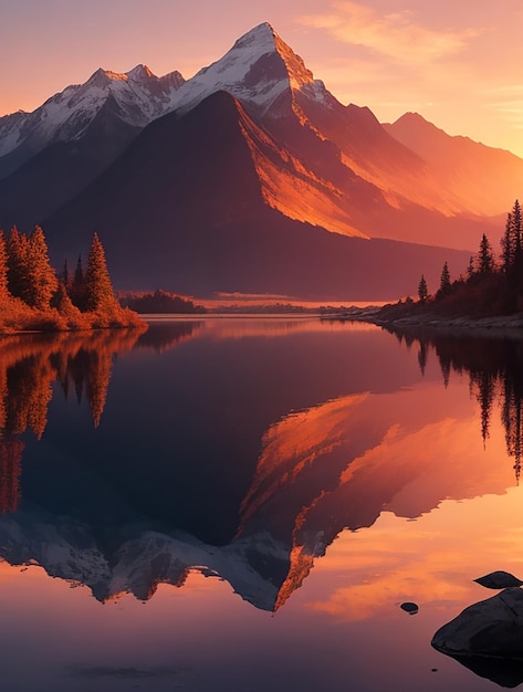 Create a scene of a tranquil evening with the sun setting behind the mountains