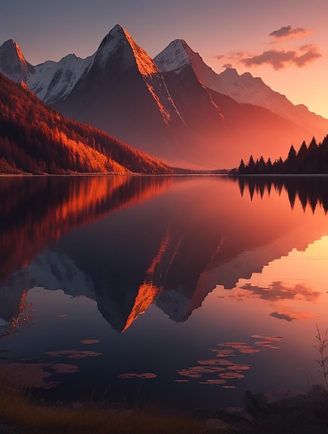 Create a scene of a tranquil evening with the sun setting behind the mountains