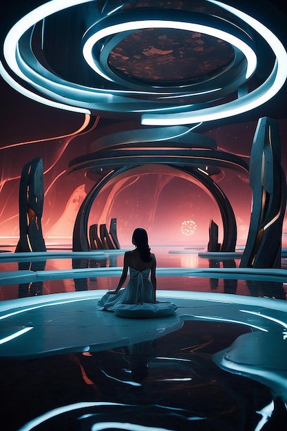 Create scifi scene In the style of Oscar Niemeyer in winter colors dark and enchanted with neon encryption