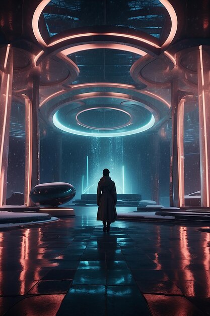 Create scifi scene In the style of Oscar Niemeyer in winter colors dark and enchanted with neon encryption