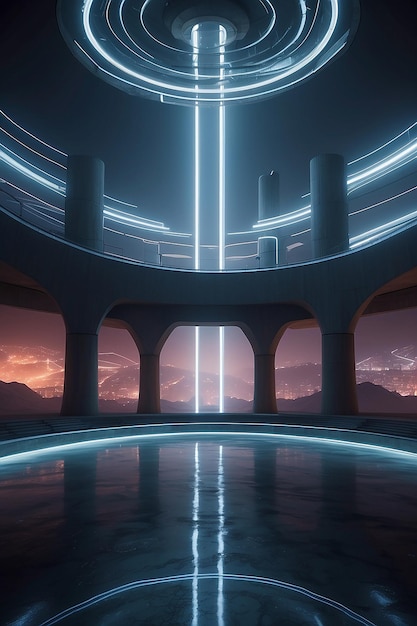 Create scifi scene In the style of Oscar Niemeyer in winter colors dark and enchanted with neon encryption