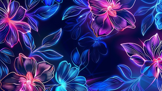 Create a seamless pattern with glowing neon flowers and leaves on a dark background