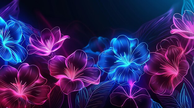 Create a seamless psychedelic pattern of neon glowing flowers