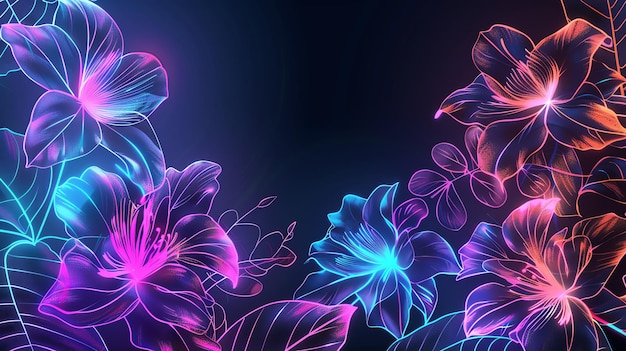 Create a seamless repeating pattern of glowing neon flowers in a dark blue background