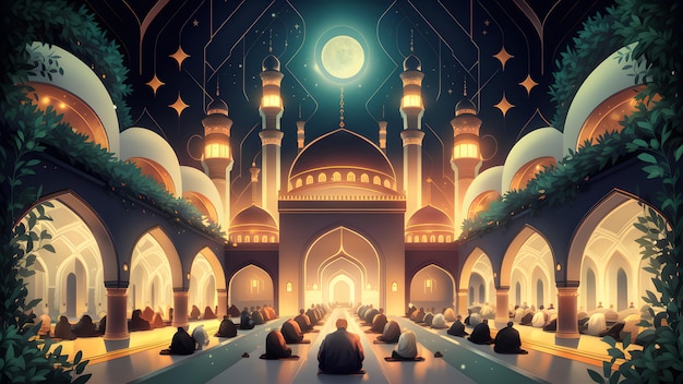 Create a serene and contemplative digital illustration capturing the essence of Ramadan in a quiet