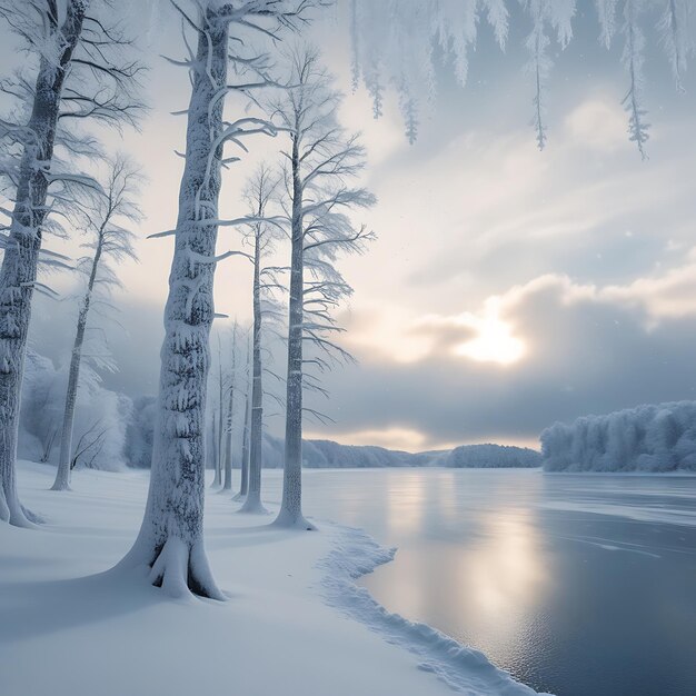 Create a serene winter scene with snowcovered trees a frozen lake and delicate snowflakes