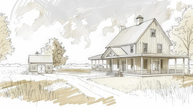 Photo create a sketch of a traditional farmhouse highlighting its large porch barn and surrounding agricultural land