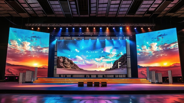 Create a stage with backdrop Led screen promoting Environment save in Saudi Arabia wooden