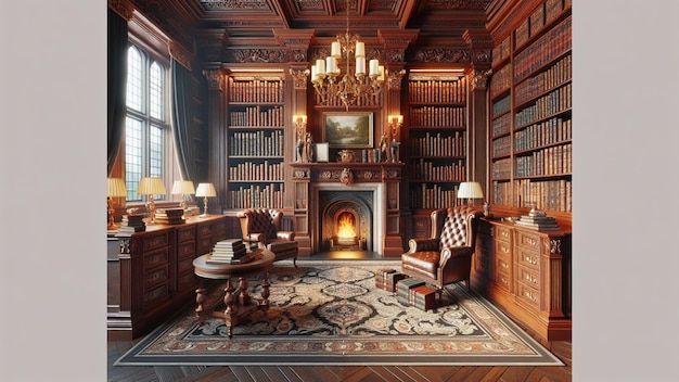 Create a stately library in the style of an English manor