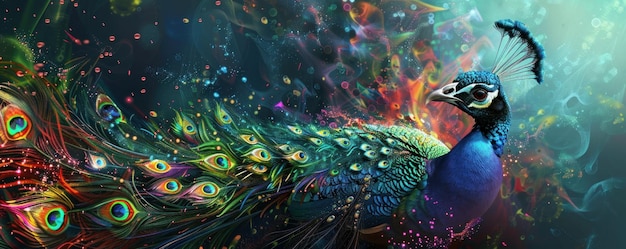 Create a stunning abstract depiction of a majestic peacock using vibrant colors and intricate patterns