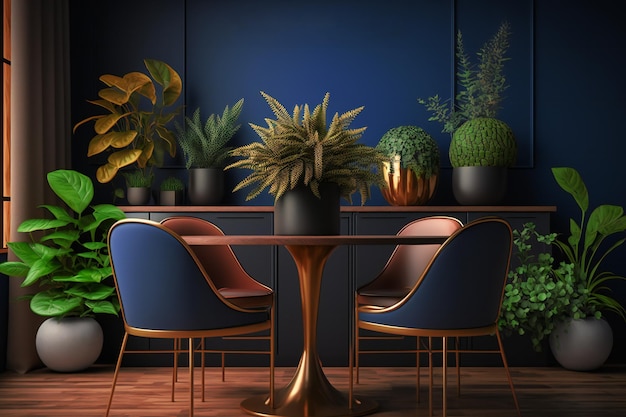 Create a stunning home interior presentation with this mockup of a modern dark blue dining room with brown leather chairs wooden table and eyecatching decor