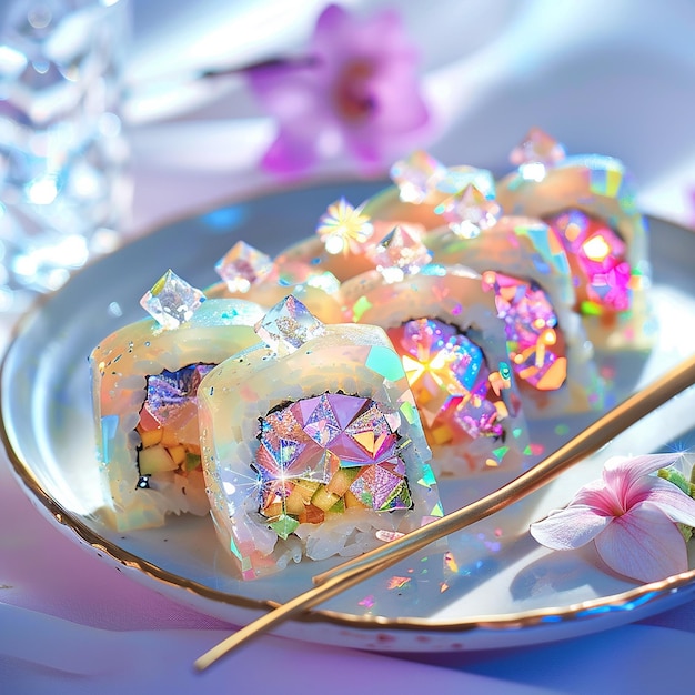 Create a stunning image of opalescent aesthetic sushi featuring pieces with a shimmering iridescen