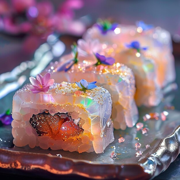 Create a stunning image of opalescent aesthetic sushi featuring pieces with a shimmering iridescen