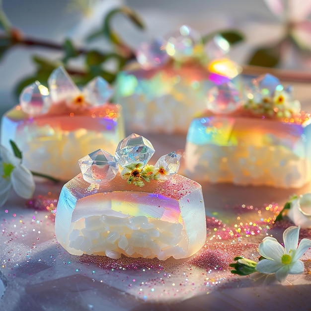 Create a stunning image of opalescent aesthetic sushi featuring pieces with a shimmering iridescen