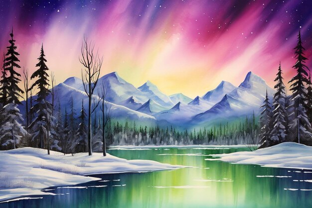 Create a stunning watercolor painting that captures the ethereal beauty of the Northern Lights