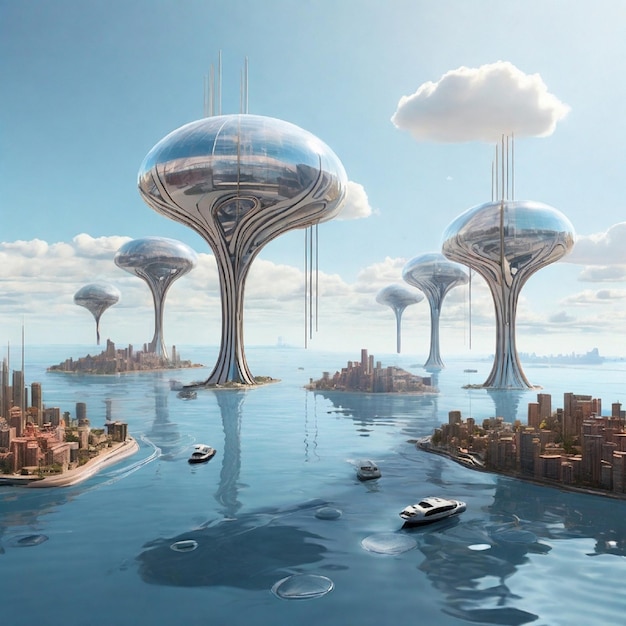 Create a surreal landscape where AI influences the construction of floating cities exploring the a