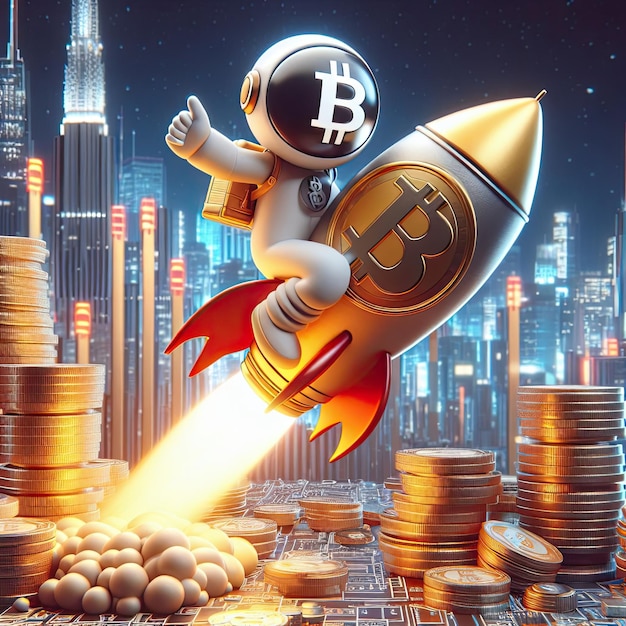 Create a threedimensional illustration Bitcoin coin and rocket Refers to the period when the price of Bitcoin skyrocketed