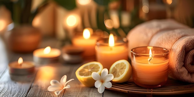 Create a tranquil spa setting with candles lemons towel and flower Concept Spa Setting Candles Lemons Towel Flower