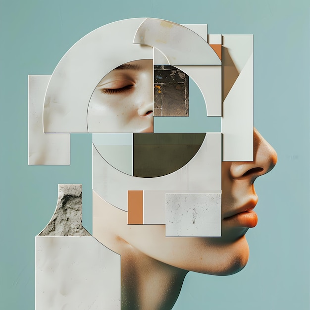 Create a unique human portrait using abstract and surreal geometric shapes in a modern and artistic