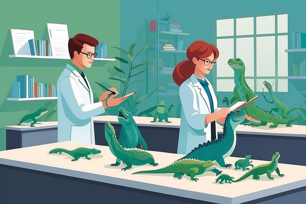 Create a vector graphic of a teacher guiding students through the anatomy of various reptiles vector illustration in flat style