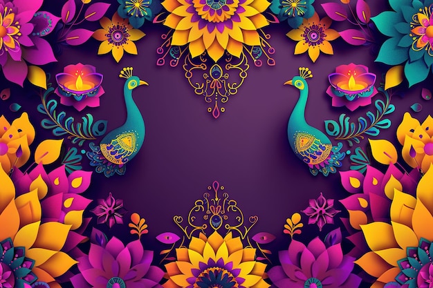 Create a vibrant and colorful Diwalithemed background Use a deep purple backdrop adorned with intric