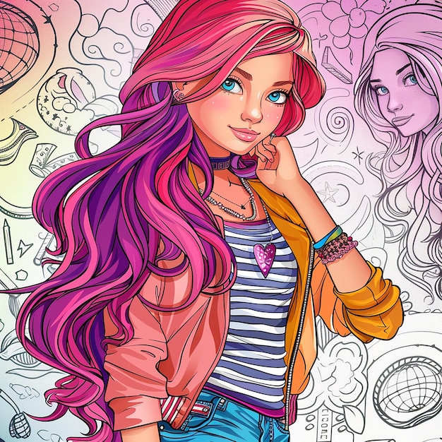 Create a vibrant and detailed coloring book cover designed for girls The cover should feature a cha