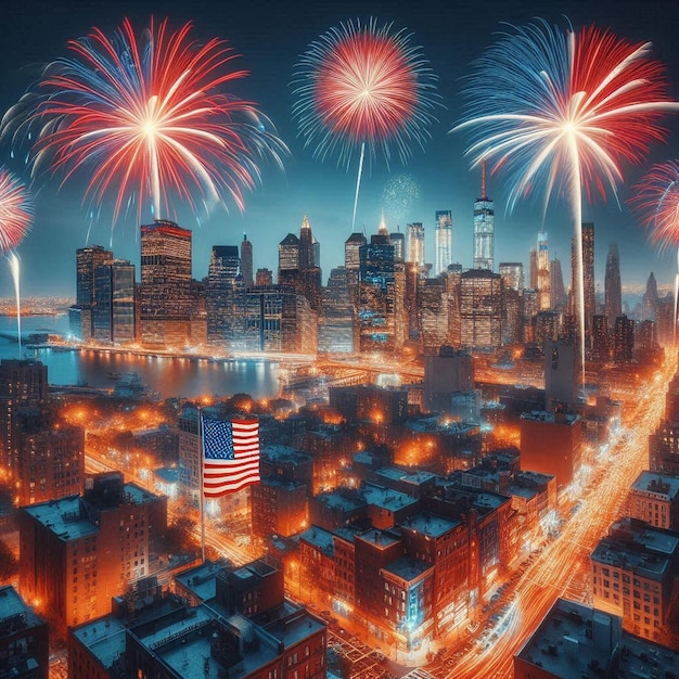 Create a vibrant digital artwork featuring iconic symbols of American Independence Day