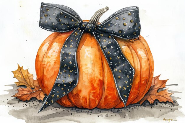 Photo create a watercolor illustration featuring a festive pumpkin with a large decorative bow tied around