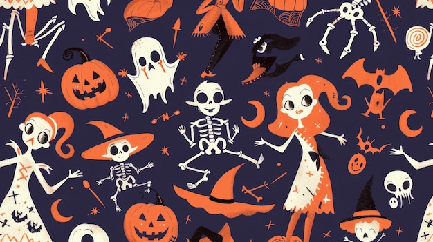 Create a whimsical Halloween pattern with cartoonish witches goblins and playful skeletons perfect for children39s Halloween products