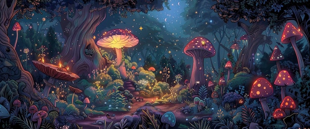 Create A Whimsical Scene Of A Enchanted Forest At Twilight Cartoon style