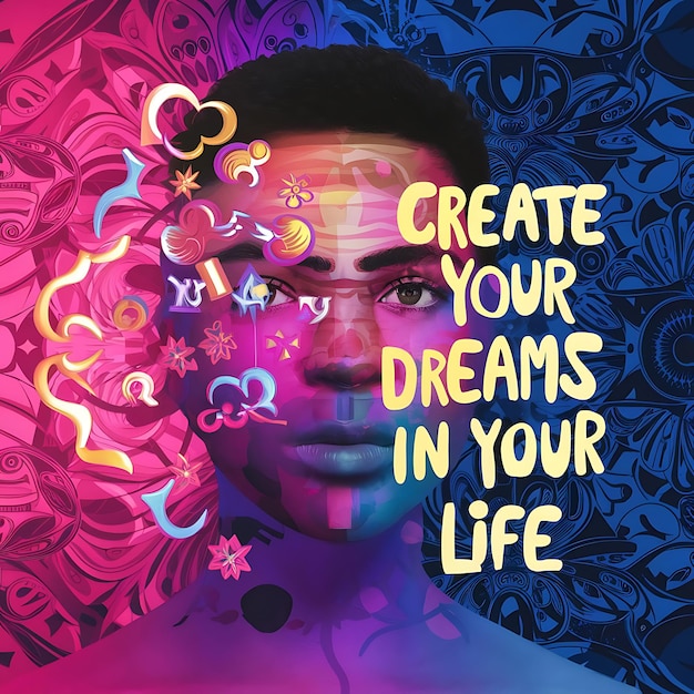 Photo create your dreams in your life colorful background and text tshirt design motivational quote illustration typography