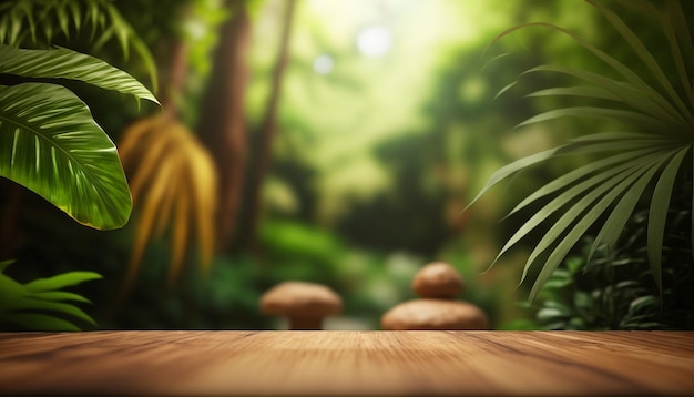 Created soft focus jungle background and wooden table Generative AI