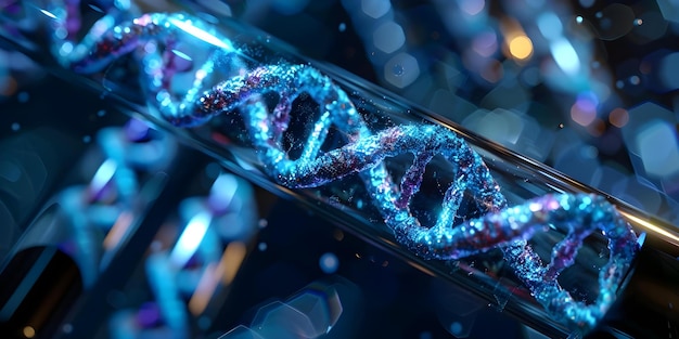 Creating a 3D animation of magnified DNA strands in a medical test tube Concept 3D Animation Magnified DNA Strands Medical Test Tube Educational Visuals Molecular Biology