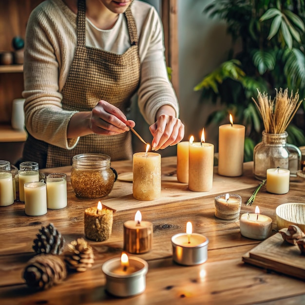 Photo creating beautiful handcrafted decorative candles on a wooden table in a cozy workspace generative ai