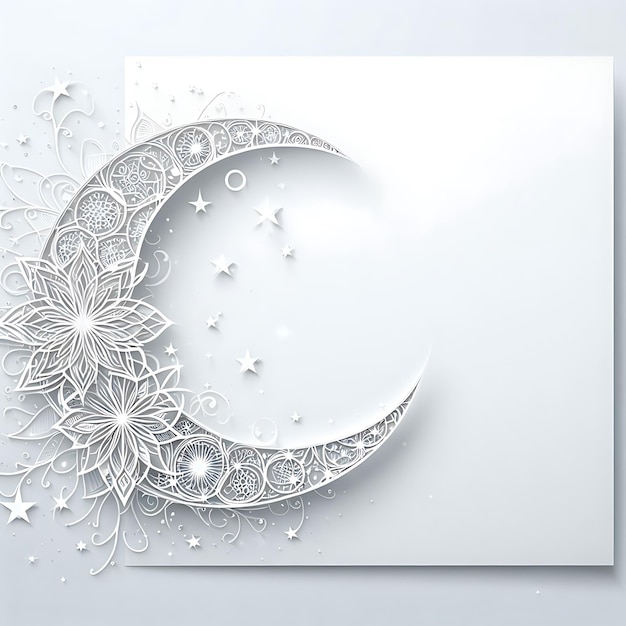 creating an Eid Mubarak greeting card with a moon and stars on a white background_ai_generated