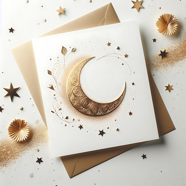 creating an Eid Mubarak greeting card with a moon and stars on a white background_ai_generated