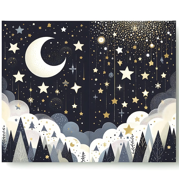 creating an Eid Mubarak greeting card with a moon and stars on a white background_ai_generated